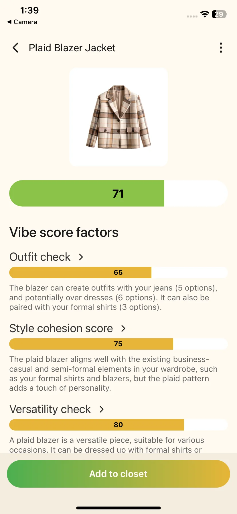 Vibe Check screen showing an item with its vibe score