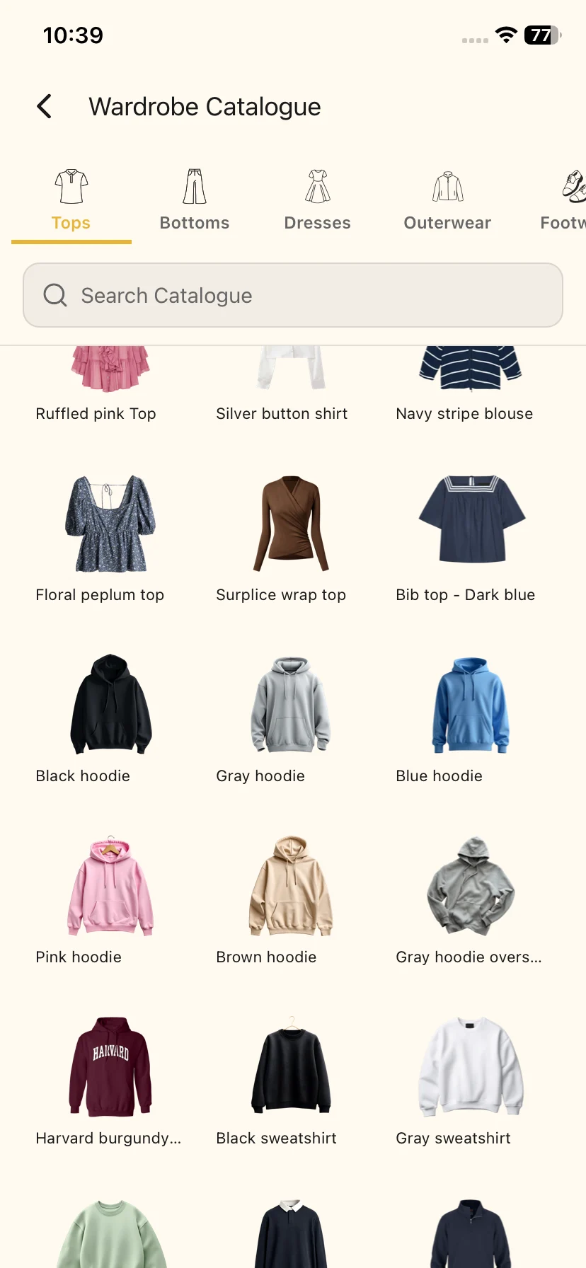 Autfit catalog screen showing pre-curated items by section