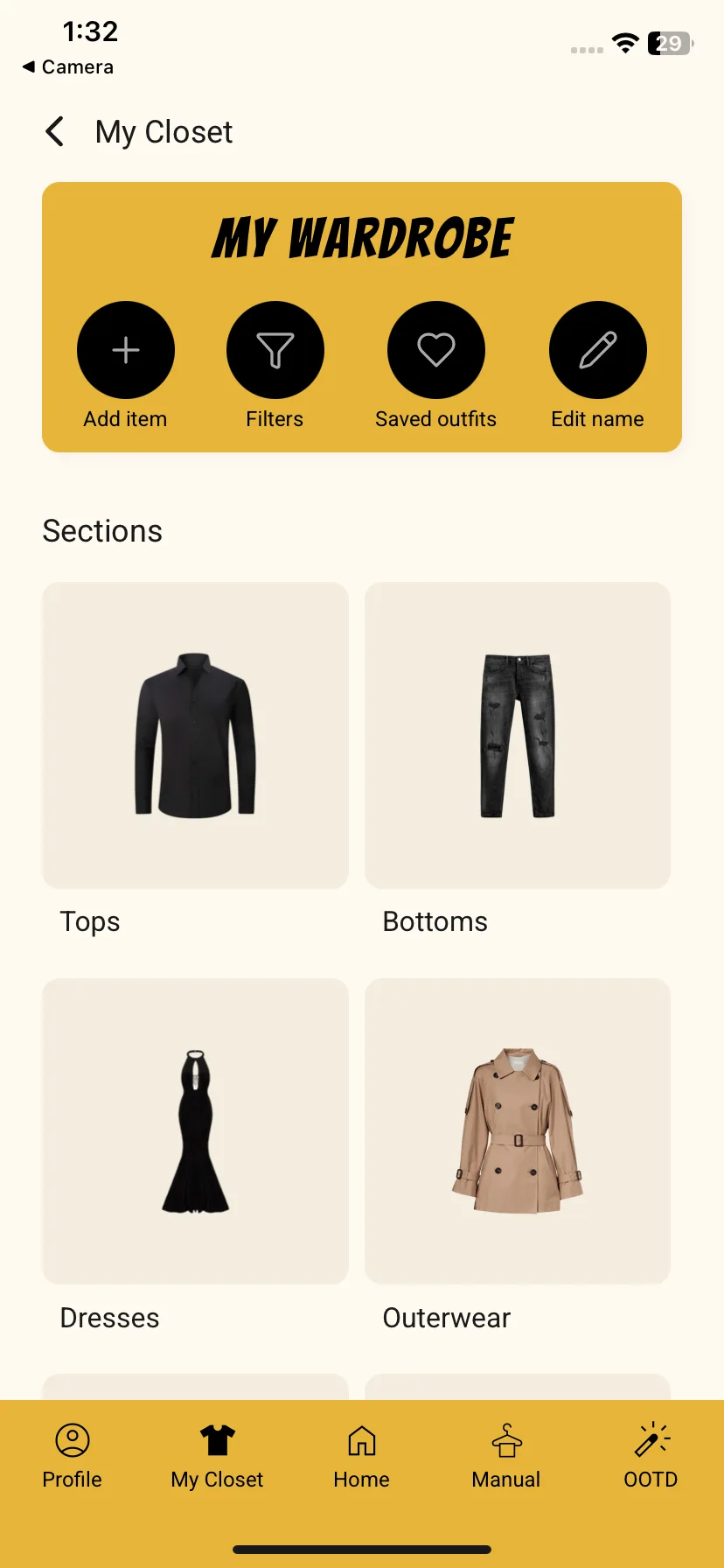 Autfit closet screen showing items grouped into sections