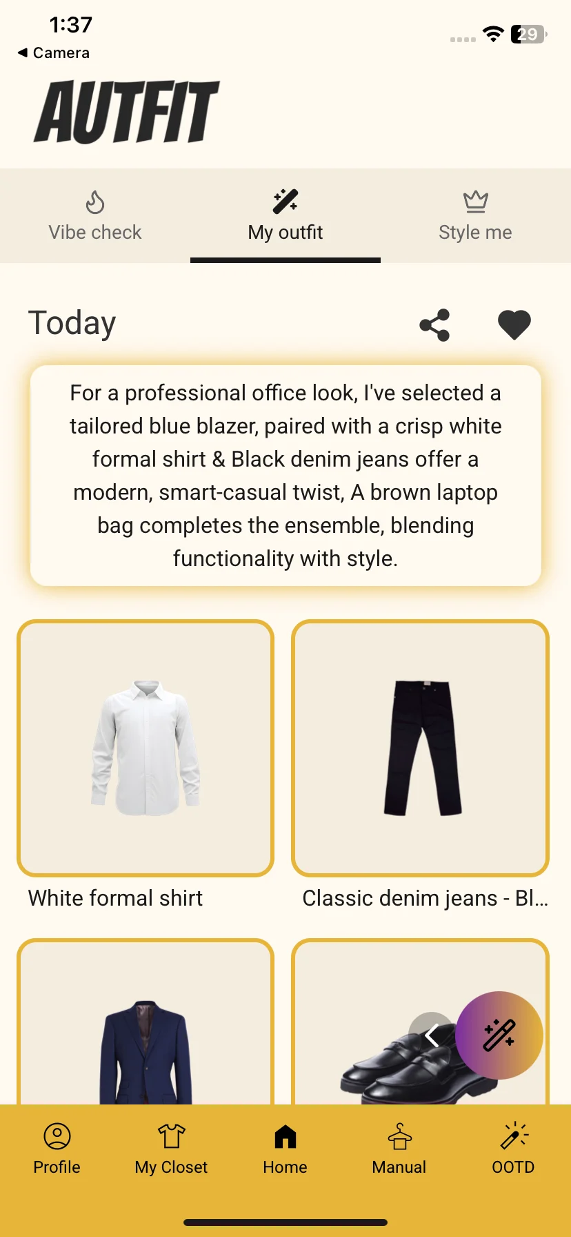 Autfit home screen showing the outfit of the day